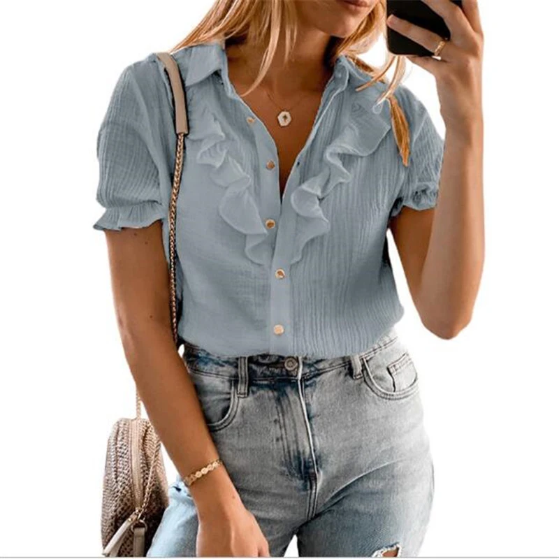 

Ruffles Short Lantern Sleeve Women Shirt Blouse Turn-down Sleeve Female Shirts 2021 Summer New Solid Fashion Office Ladies Tops