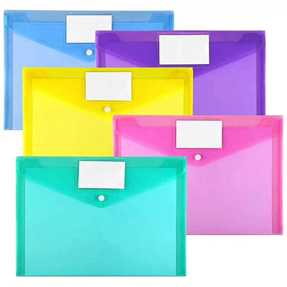 

5 Pack A4 Letter Size Plastic Clear Folders File Envelopes with Label Pocket & Snap Button for Home Work Office Organization