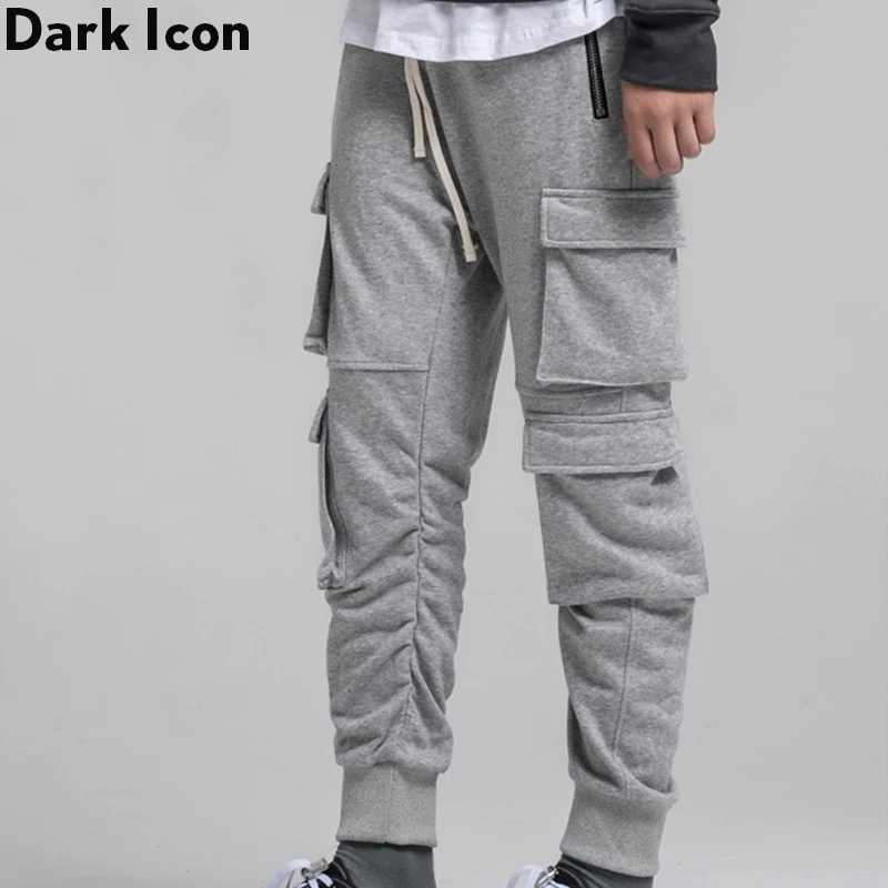 Темные значки боковые карманы Карго пот брюки для мужчин эластичный пояс шнурок
