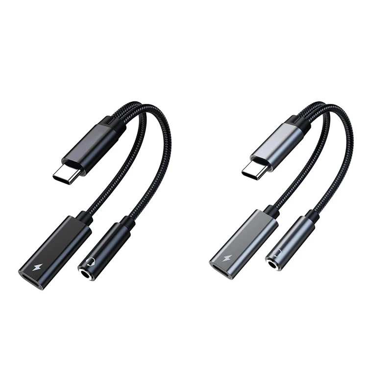 

2 шт. адаптер для наушников и зарядного устройства типа C до 3,5 мм, кабель для быстрой зарядки, черный и серебристо-серый