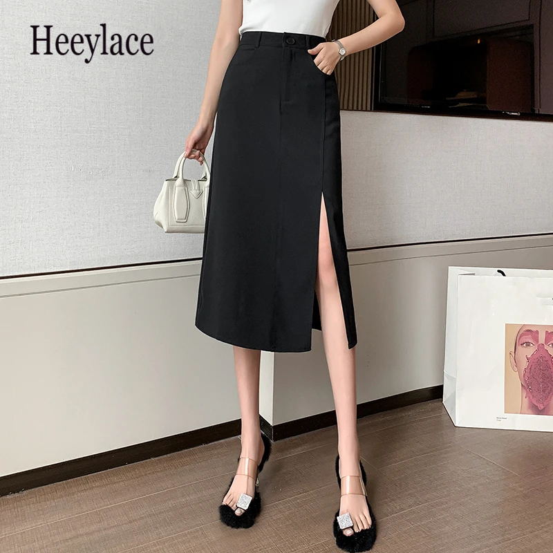 

Elegant Office Wrap Midi Skirts 2021 New Autumn Solid Side Split Button High Waist Female Straight Pink Skirts Pockets