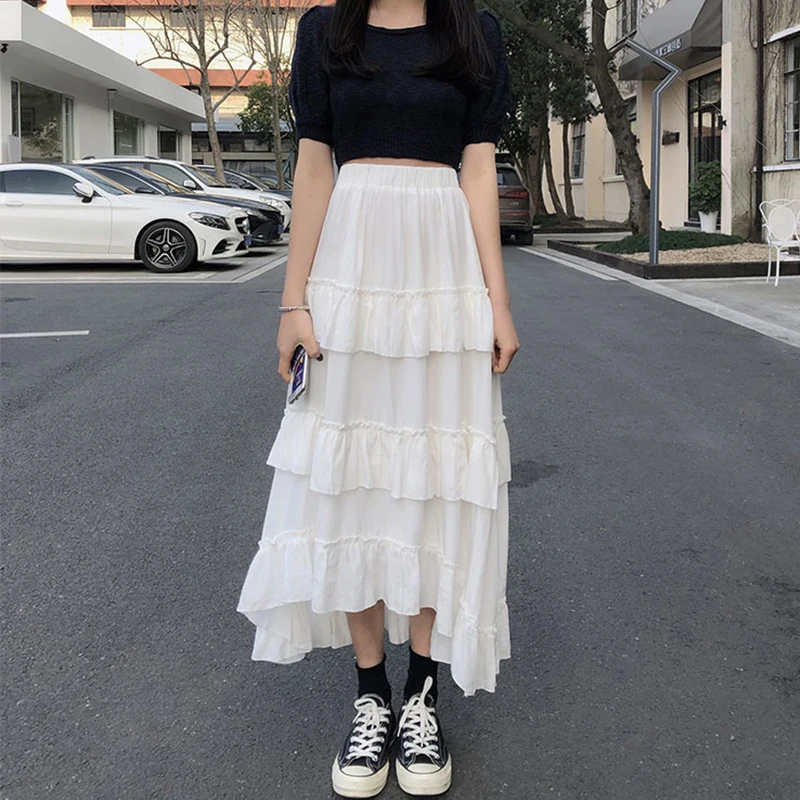 

Midi Long Skirts Womens Maxi Skirt Goth Lolita Summer High Waisted Asymmetrical High Low Ruched Ruffle Skirts rok