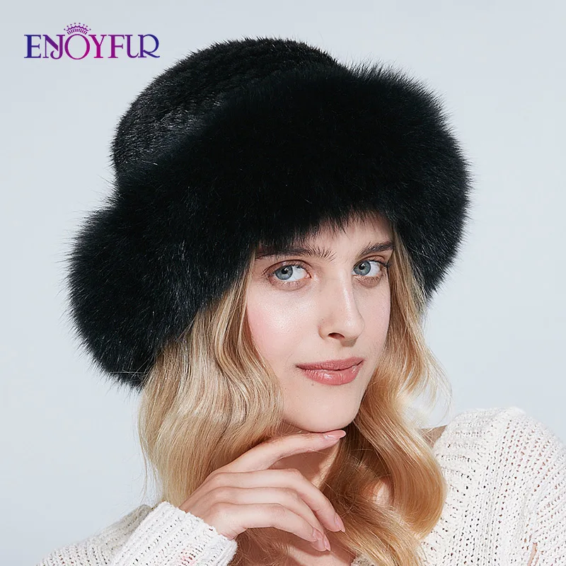 ENJOYFUR шапки из натурального меха, зимние шапки для женщин, шапка из натурального меха норки с мехом лисы, новые русские вязаные шапки - Цвет: 01