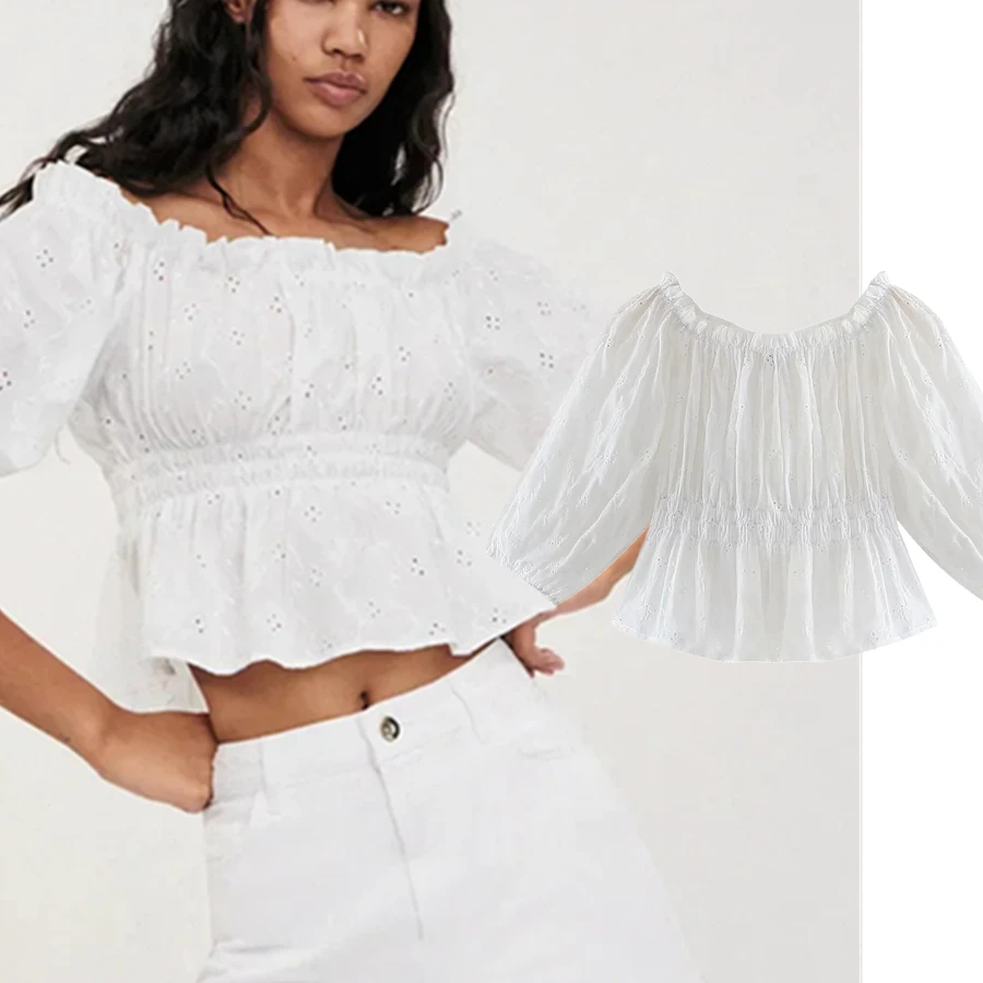 

Dave&Di Summer Beach England High Street Embroidery Blouse Women Hollow out Indie Folk Slash Neck Casual Sexy Short Shirt Women