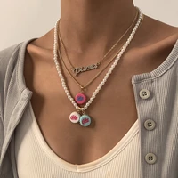 ins style imitation pearl bottle cap letter pendant necklace womens pastoral holiday full diamond english set necklace