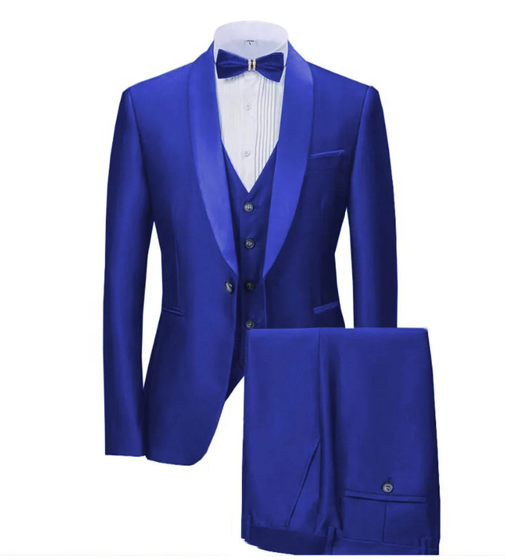 royal blue Новинка, темно-синие мужские костюмы, 3 предмета, деловой Блейзер, смокинги, шаль с отворотом для свадьбы, жениха(пиджак+ жилет+ брюки - Цвет: royal blue