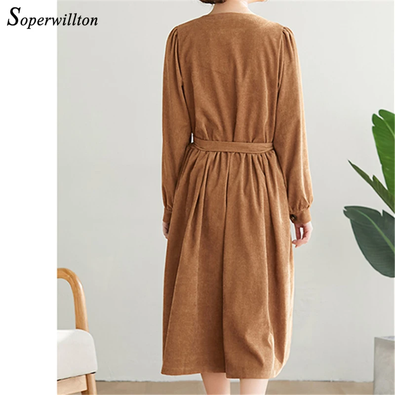 Вельветовое женское платье повседневные зимние платья с v-образным вырезом и