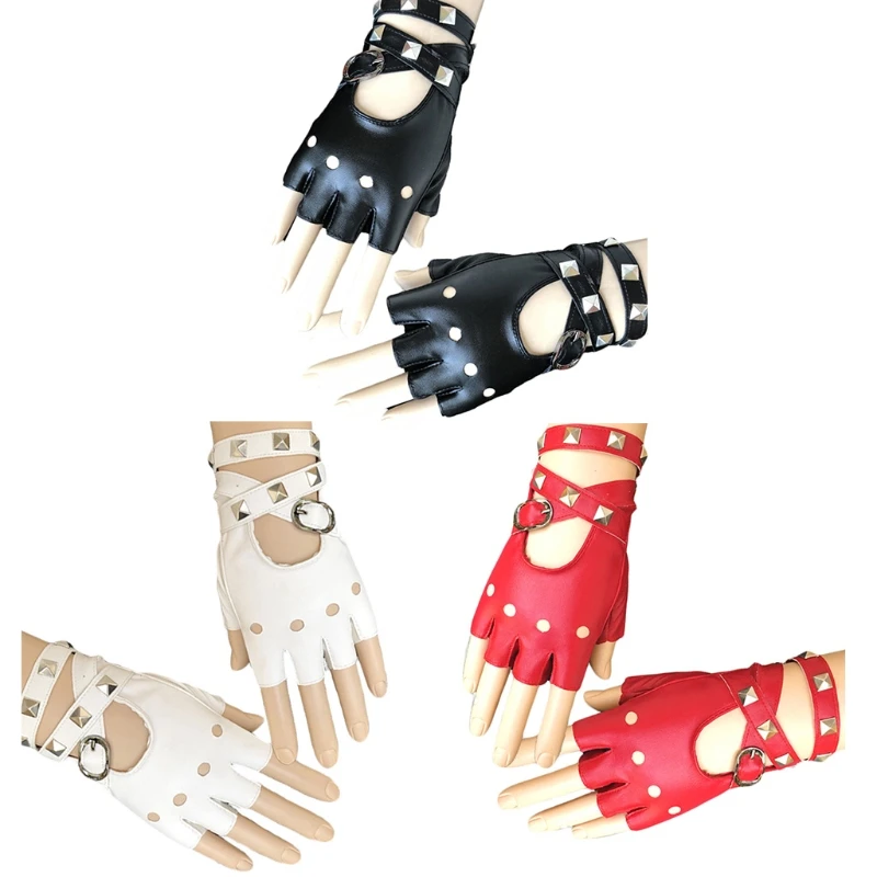 

Women Punk Rock Half Finger Gothic Gloves Wristband Closure Studded Design Biker Fingerless Mitten Roleplay Accessory