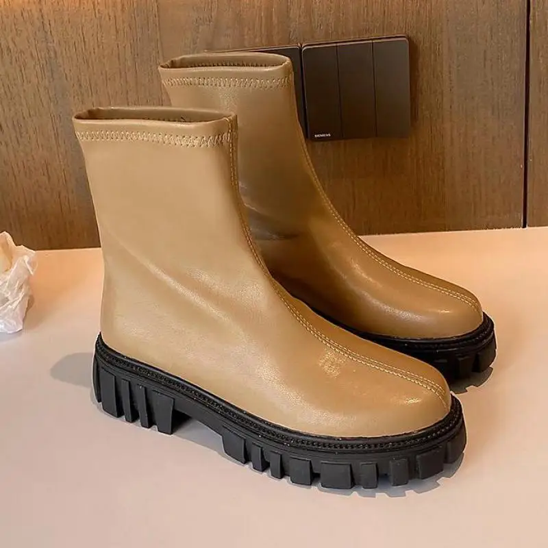 

2022 Top Quality Genuine Leather Shoes Women Ankle Boots Autumn Winter Chelsea Square Heel Platform Ytmtloy Botines De Mujer