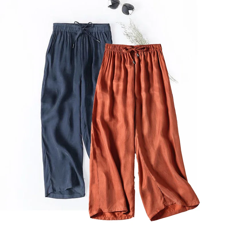 

Брюки Cupro женские драпированные с широкими штанинами, модные тонкие укороченные штаны с завышенной талией, Свободные повседневные Прямые б...