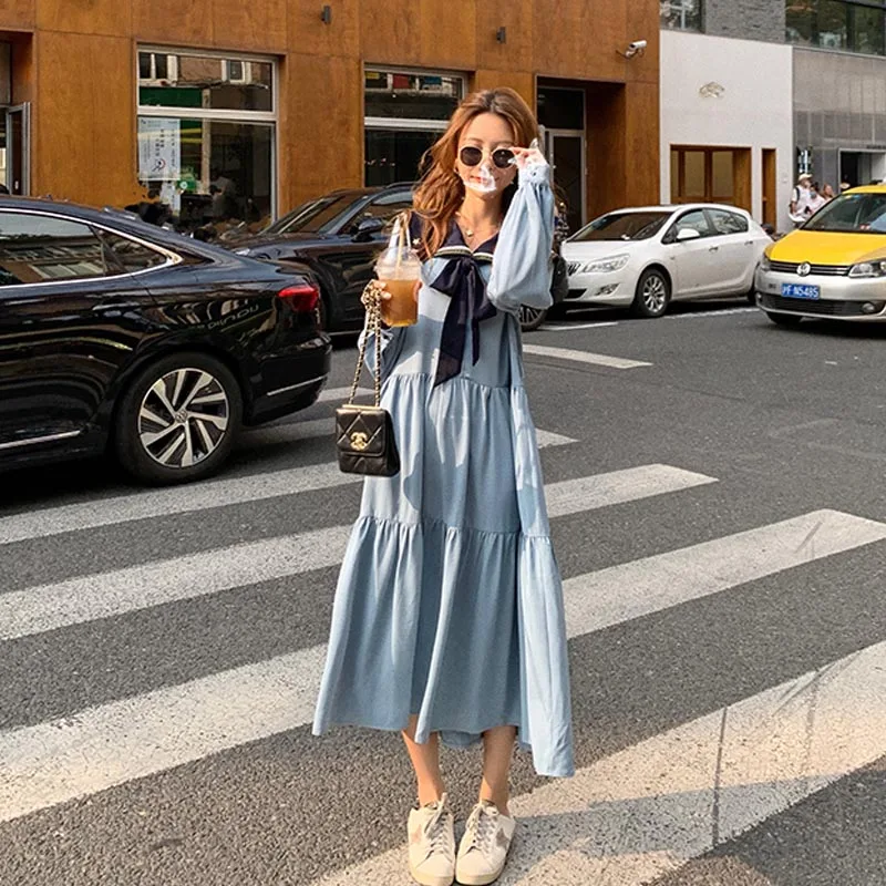 

One-Piece 2021 New Korean Spring Autumn Chic Dress French Square Collar Fashion Stitching Button Dress Temperament Loose Dresses