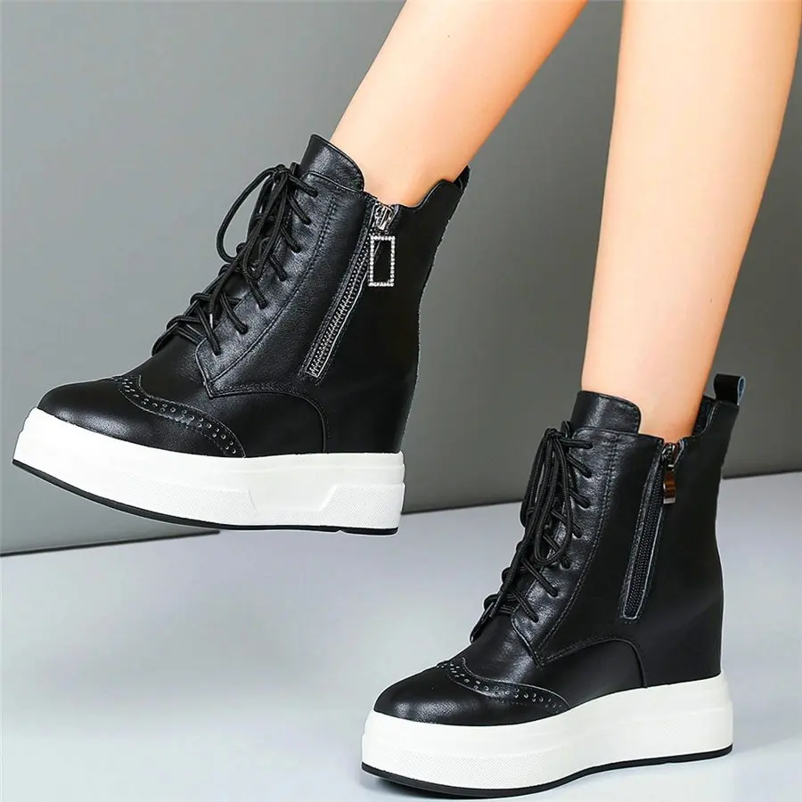 

Increasing Height Brogue Oxfords Women's Genuine Leather Platform Ankle Boots Hidden Wedge High Heels Punk Goth Creepers Oxfords