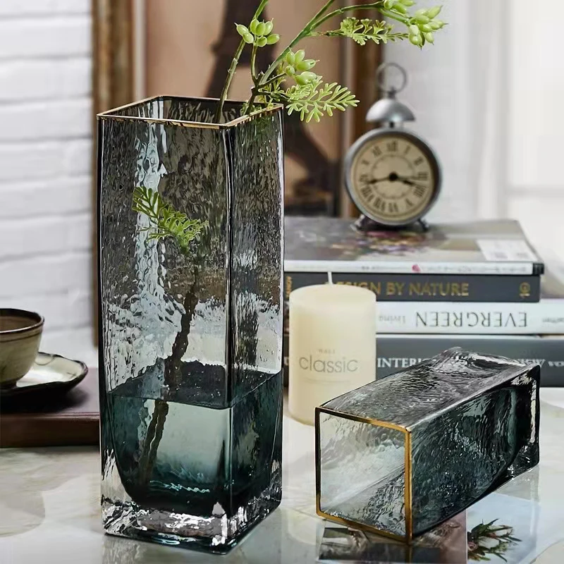 

Originality Minimalist Square Tracing Gold Edge Transparent Glass Vase Nordic Home Room Decoration Stand For Flowers Terrarium