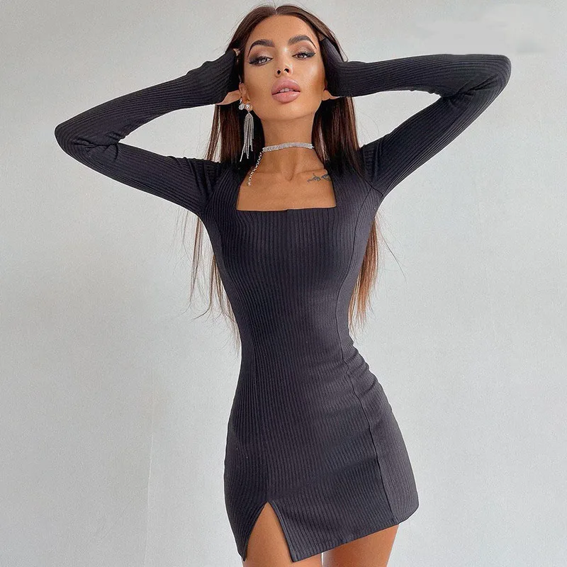 

Women Square Collar Bodycon Dresses 2021 Spring Autumn Sexy Short Mini Dress Long Sleeve Slit Skinny Package Hip Dresses Female