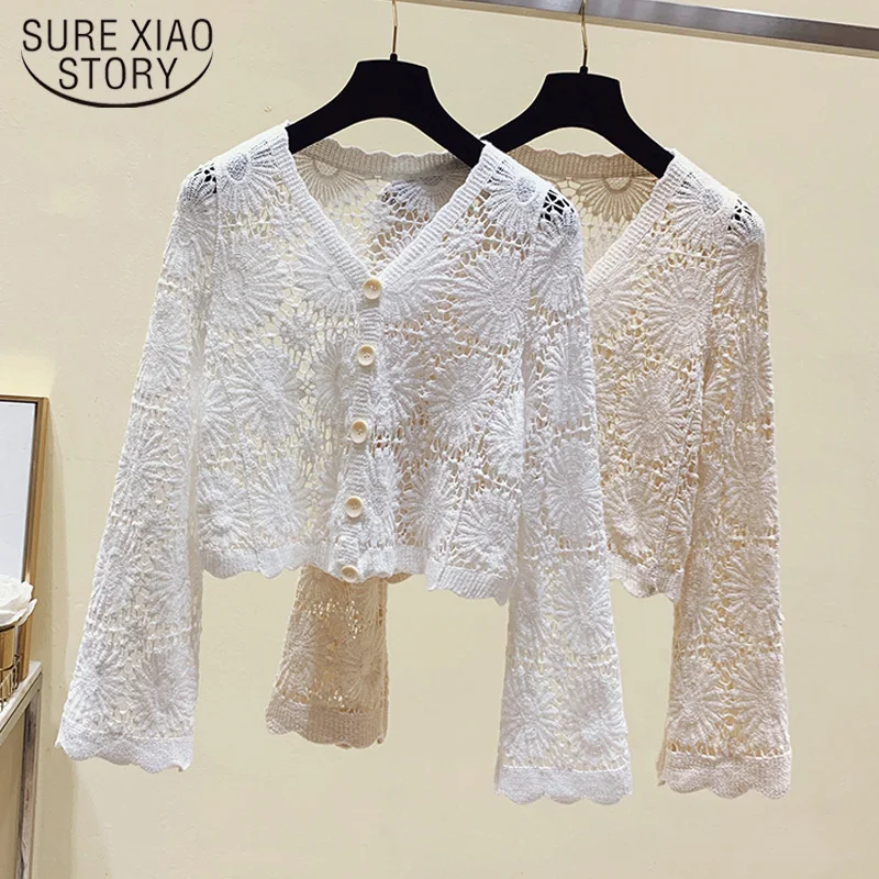 

New Hollow Out Button Up Lace Shirt Women Fashion Sexy Long Sleeve Slim Blouse Women White Apricot Female Clothing Blusas 13636