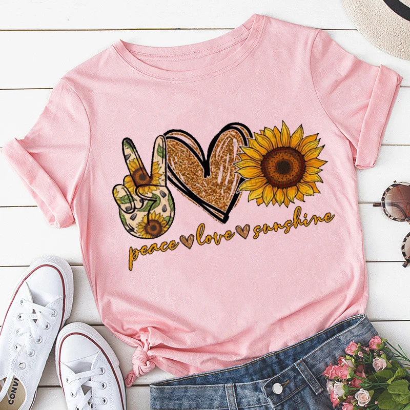 

Women Clothes Peace Love Sunshine Print T-shirt Short Sleeve Round Neck Harajuku Femme T-shirt Graphic Tee Tops Oversize T Shirt