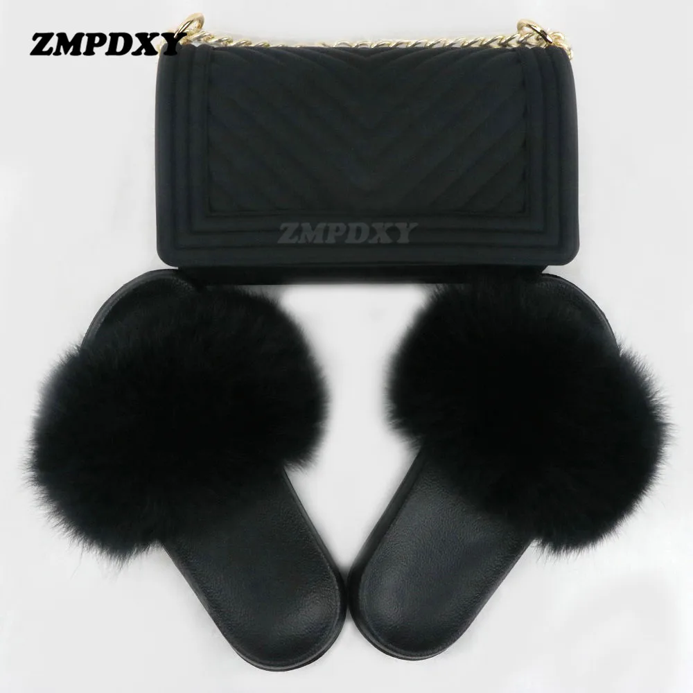 

Women Fox Fur Slides Indoor Fluffy Plush Causal Furry Sandals Female Pink And Blue Jelly Bag Fashion Multicolored Matching Purse