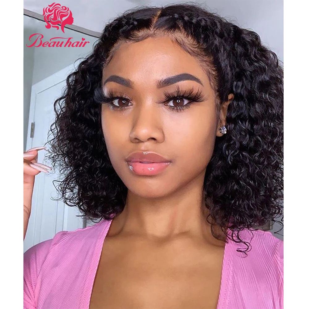 

Парик с глубокой кудрявой кружевной окантовкой, перуанские человеческие волосы, короткие, 4x4, парик с кудрявыми волосами средней длины, с пл...