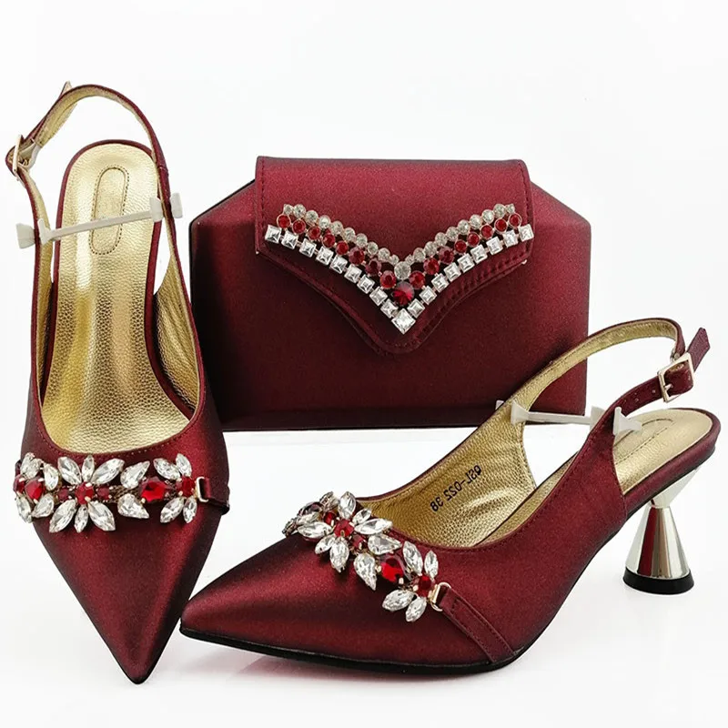 

Nigerian Latest Style PU With Rhinestone Wine Shoes And Bag Set New Coming Pumps Shoes And Bag Set For Woman Dress On Stock