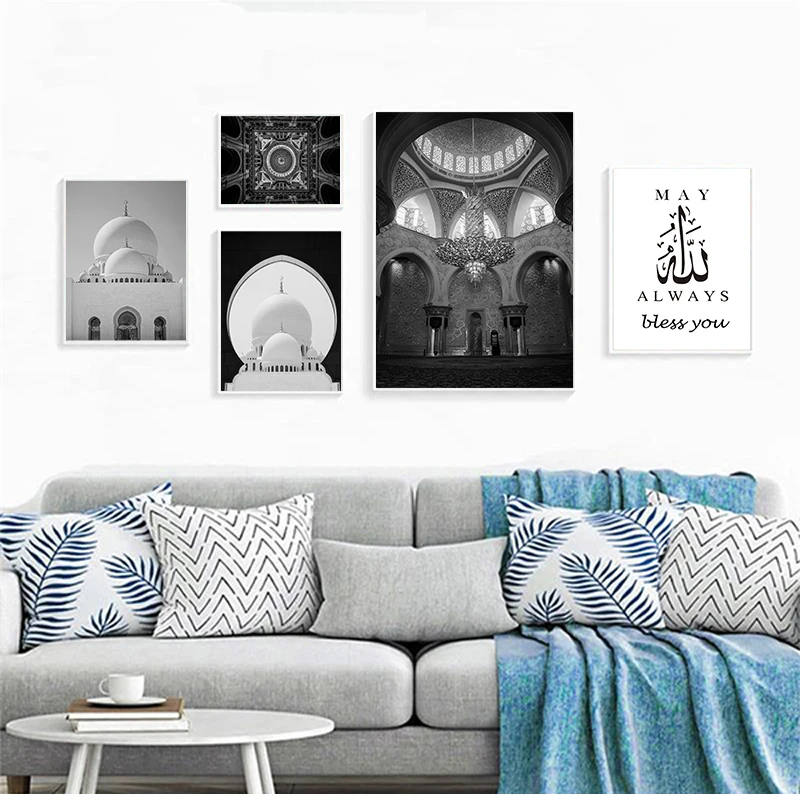 

Black and White Islamic Poster Alhambra Hassan Mosque Wall Art Canvas Picture Modern Painting Living Room Muslim Decoration
