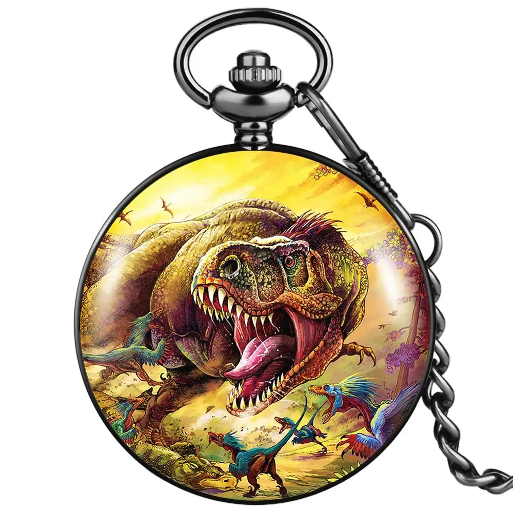 

Men's Pendant Classic Black Quartz Pocket Watch Roaring Dinosaur King Pattern Durable Case Digital Clear Dial Flip Pocket Watch