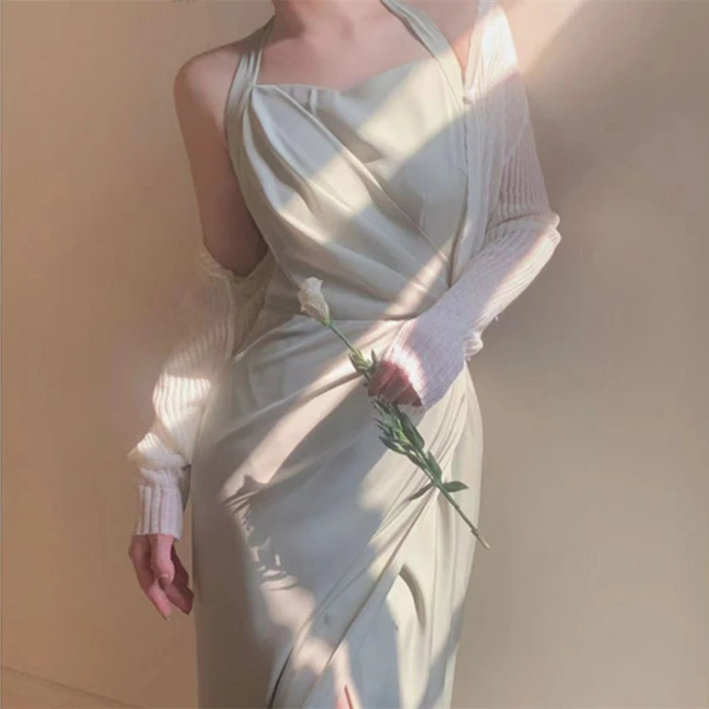 

Summer Women Fashion Midi Dress Vintage Halter Neck Backless Elastic Female Elegant Dresses Mujer