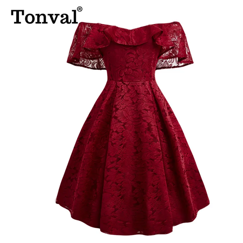 Женское винтажное платье с открытыми плечами Tonval бордовое элегантное цветочным