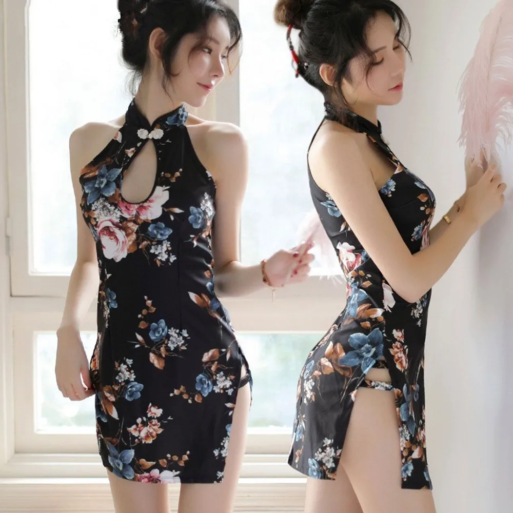 

Retro Floral Print Cheongsam Nightdress Lingerie Sexy Hot Erotic Babydoll Lingerie Porno Dress