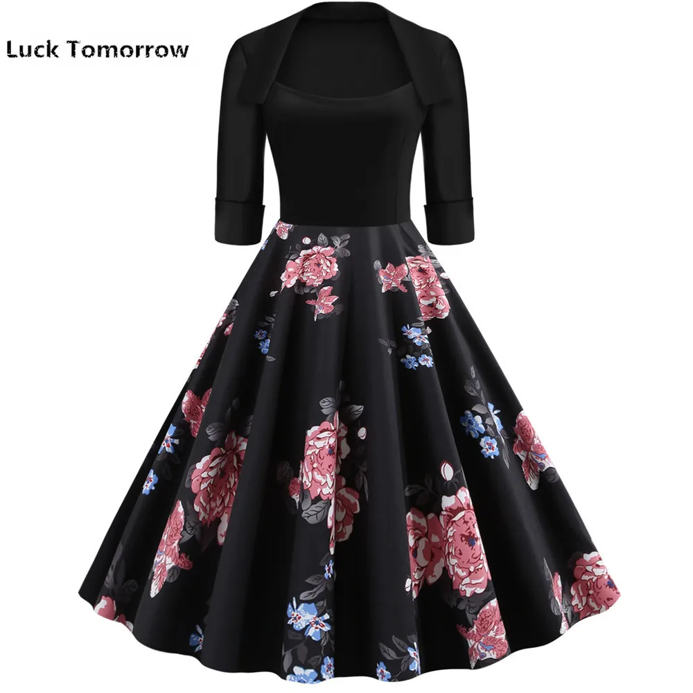 Черное осенне зимнее женское платье с коротким рукавом винтажное вечернее