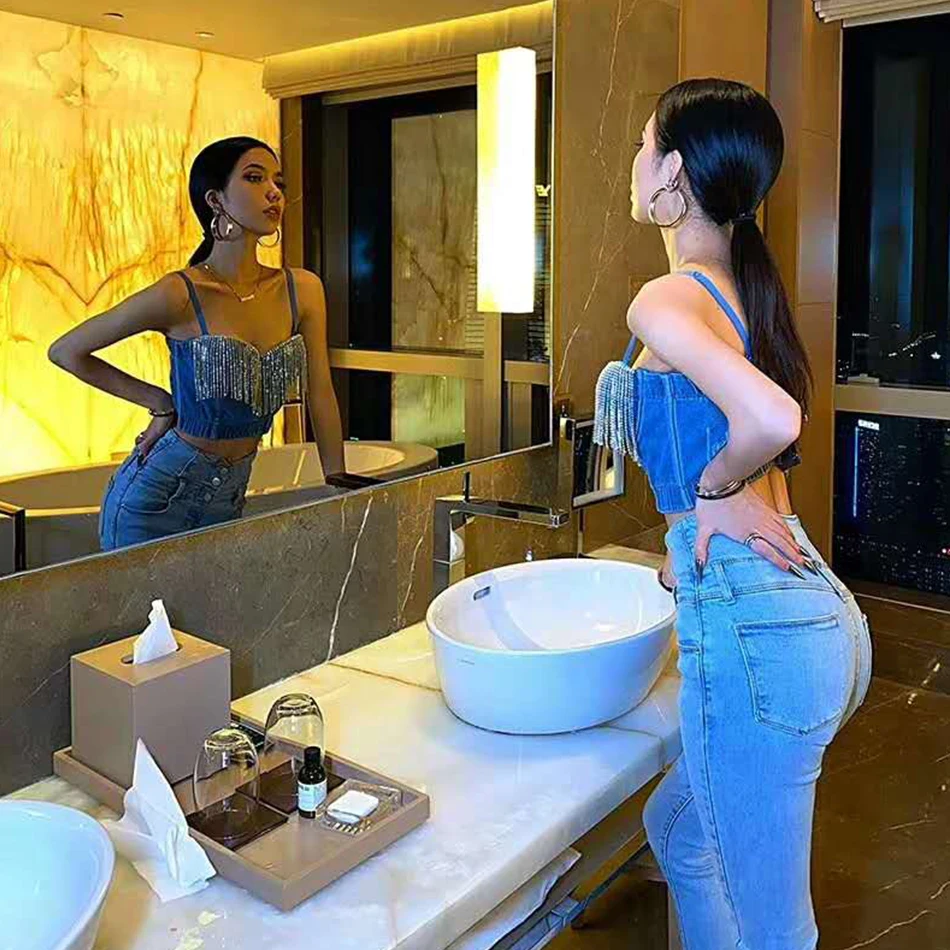 Miss Water 2020 New Summer Women Denim Tops Sexy Tassel Spaghetti Strap Sleeveless Top Hot Club Celebrity Party Tops Vestidos
