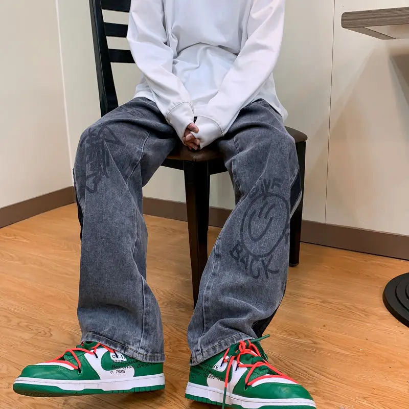 2021 Men's Baggy Homme Cargo Pocket Classic Jeans Black/blue Color Loose Printing Casual Pants Biker Denim Trousers Size M-2XL