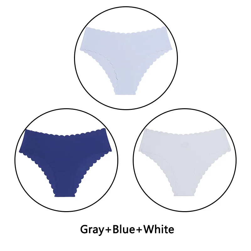 Gray Blue White 3 шт./партия, сексуальные трусики с оборками женский сексуальный бесшовный трусики с низкой посадкой, однотонное мягкое нижнее белье, женские Ультра тонкие трусики, нижнее белье - Цвет: Gray Blue White
