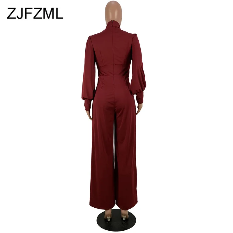 

Double Slit Solid Sexy Club Overall for Women Long Puff Sleeve Front Cut Out Causal Playsuit Autumn Slim Long Plus Size Rompers