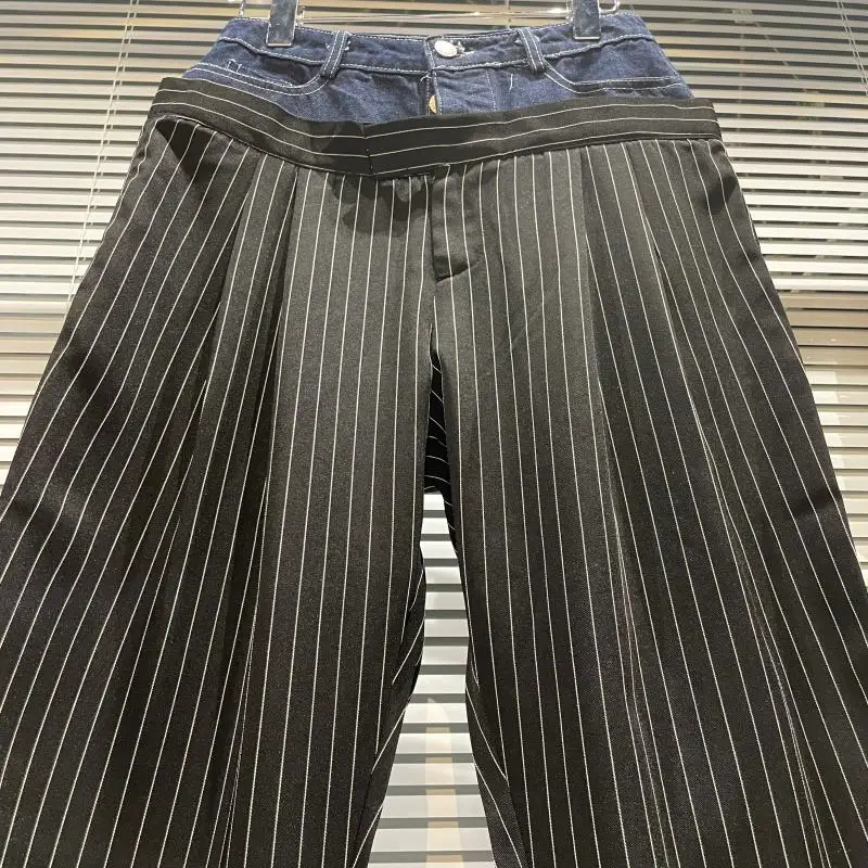 

Fall 2021 New Fashionable Pants Vintage Denim Stitching High Waist Trousers Vertical Stripes Fashion Cropped Casual Pants