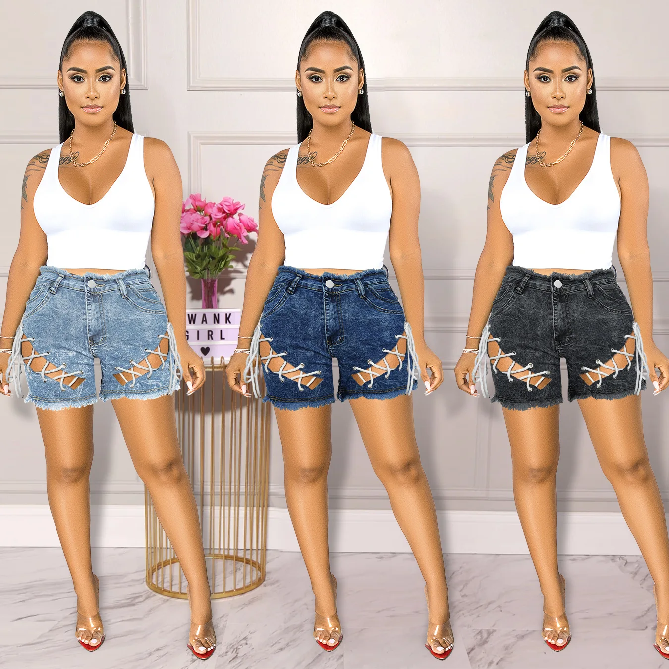

Women Clothing High Waist Denim Shorts Women Casual Regular Ladies Fashion Large Size Raw Hem Lace up Denim Shorts оѬ женские