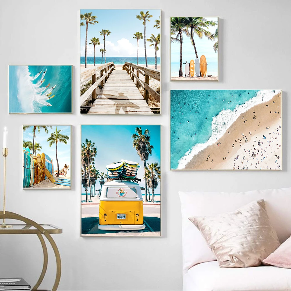 

Scandinavian Tropical Landscape Posters Modern Prints Sea Beach Bus Surfboard Wall Art Canvas Painting Nordic Decoration Picture