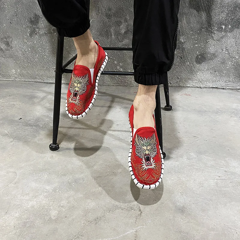 Туфли мужские резиновые с вышивкой парусиновые эспадрильи лоферы прочные