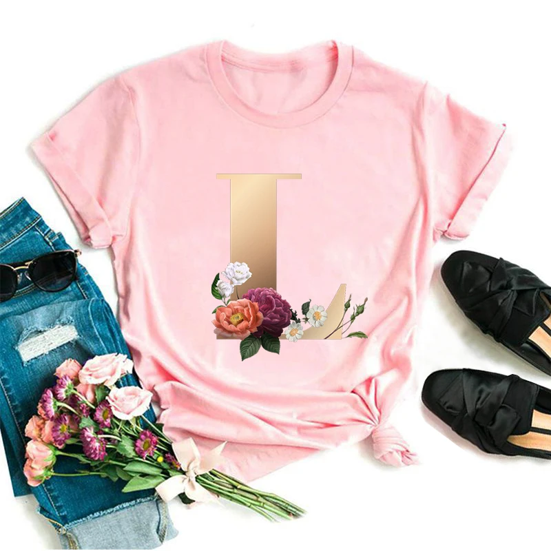 

Hipster Flower Letter Print Women Harajuku Simple Pink Basic Tops Summer Soft Slim Funny Tee Shirt Size XS-XL