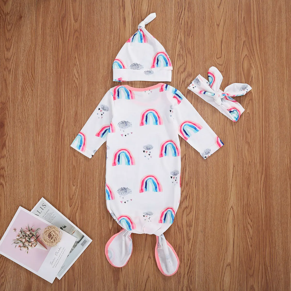 

0-9M Newborn Baby Girls Boys Sleepwear Headband Rainbow Print Long Sleeve Cotton Blanket