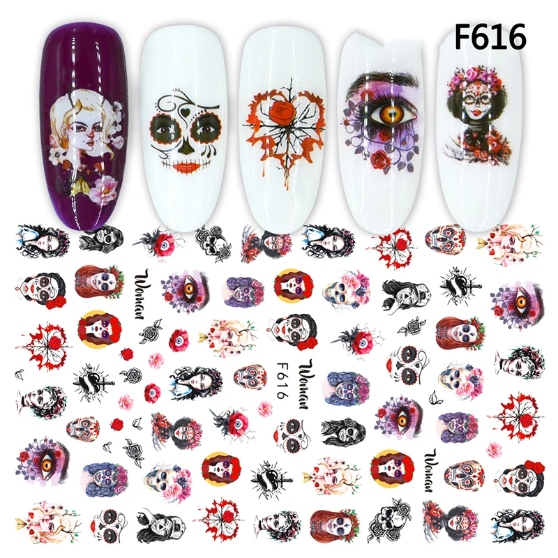 

3D Nail Sticker Woman Masquerade Skull Flowers Adhesive Stickers Beauty Eyes Rose Nail Art Decorations For Manicure
