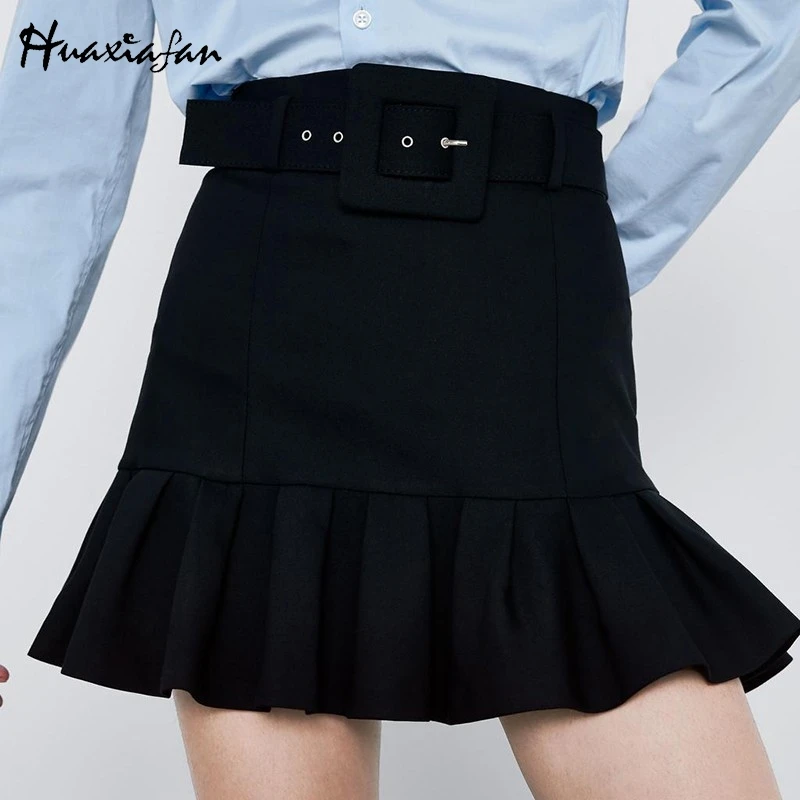 Huaxiafan Women Skirts Black Ruffles A Line Sashes Spring Autumn Ladies Vintage Stylish Solid Color Female Casual | Женская одежда
