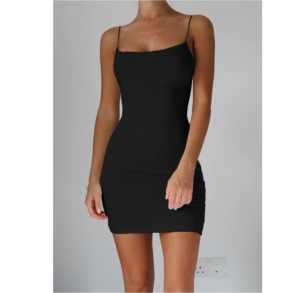 

WEPBEL Dress Women's Sexy Solid Color Slim Spaghetti Strap Dress Summer Casual Sleeveless O-Neck High Waist Backless Dress