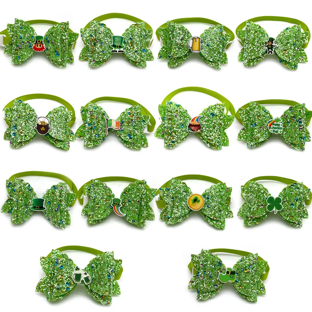 

50/100pcs ST Patrick's Day Shiny Pet Dog Bowties Green Dog Cat Neckties Collar Small Dog Grooming Supplies Green Clover Bows
