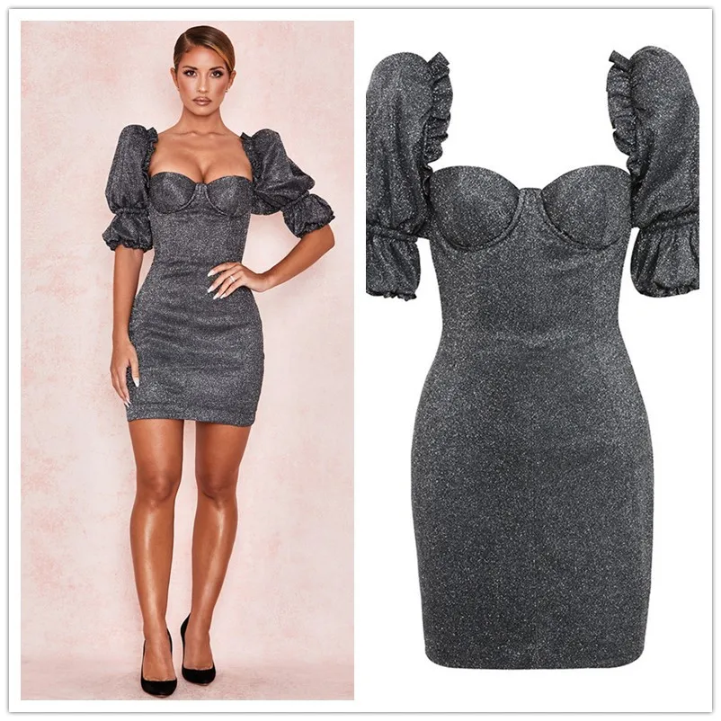 

Dark Gray Short Mini Cocktail Dresses With Sleeves Sweetheart Sexy Women Lady Summer Dress YSAN588