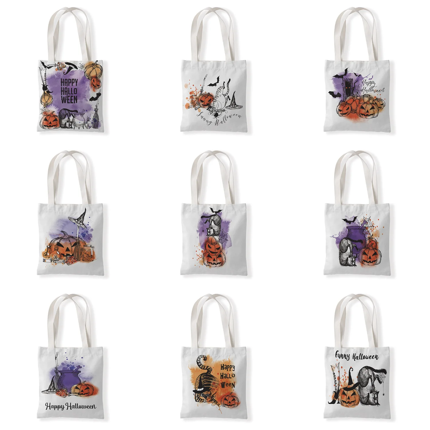 

Happy Halloween and Pumpkin Handbags Cloth Canvas Tote Bag Shopping Women Girl Eco Reusable Shoulder Shopper Bags Custom