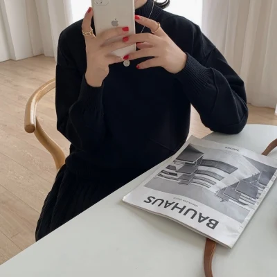 Винтажный элегантный вязаный свитер FINEWORDS корейское осенне-зимнее черное