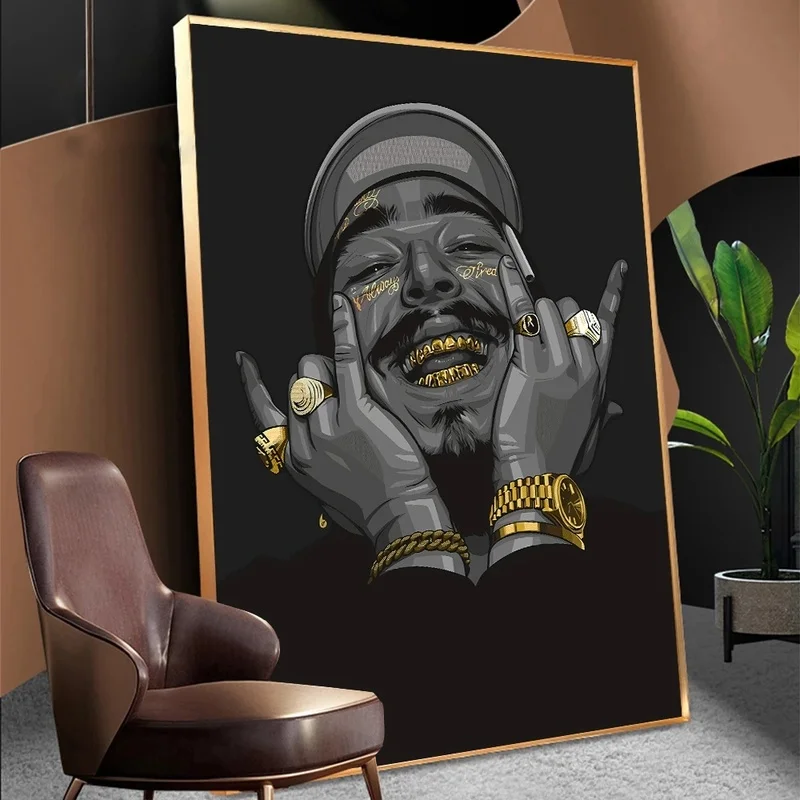 

Hip Hop Post Malone With Golden Teeth Cartoon Posters And Prints Canvas Painting Rapper Star Wall Art Picture For Living Room