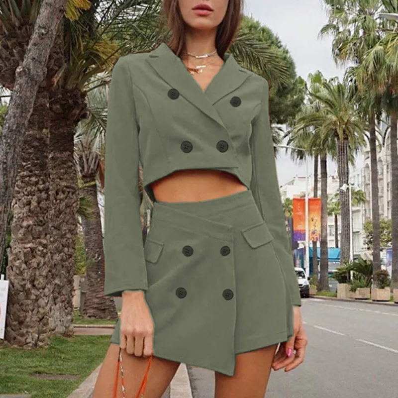 Армейский зеленый шикарный укороченный Блейзер и юбка наборы модные однотонные