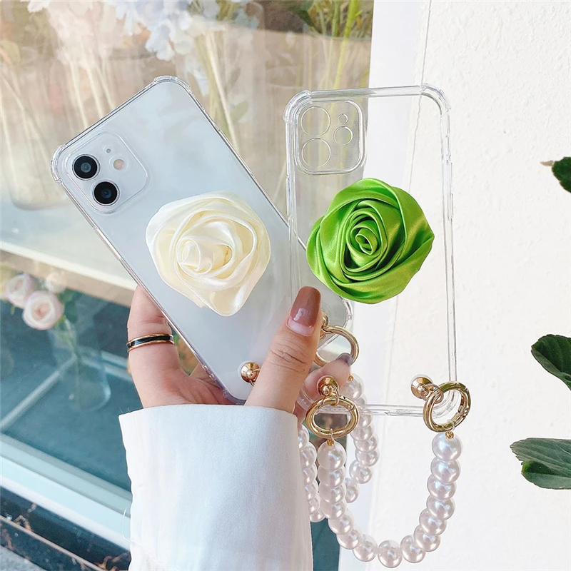 

Ins Korea Fashion Rose Flower Stand Bracket Phone Case for Iphone 12 11 Pro Max XR XS 7 8 Plus Se2 Wrist Chain Pearl Clear Cover