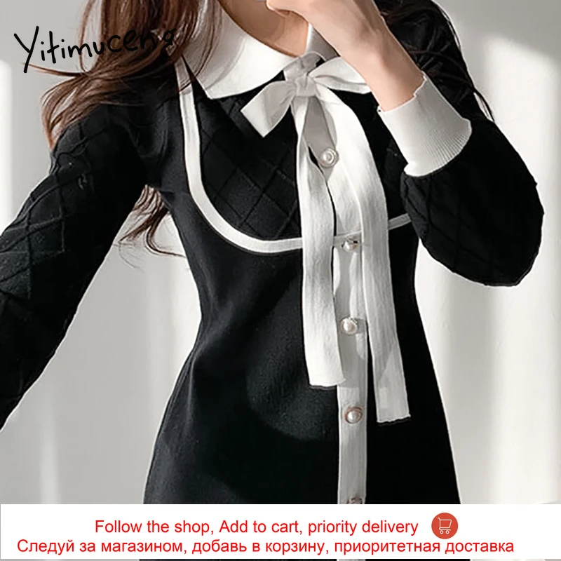 

Yitimuceng Dresses for Women Bow Lace Up Pearl Button Fashion High Waist Dress Long Sleeve Black White Sundress 2021 Spring New